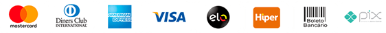 Formas de pagamento: Mastercard, Diners Club, American Express, Visa, Elo, Hiper, Boleto Bancário, Pix