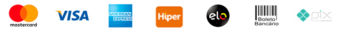 Formas de pagamento: Mastercard, Visa, American Express, Hiper, Elo, Boleto, Pix